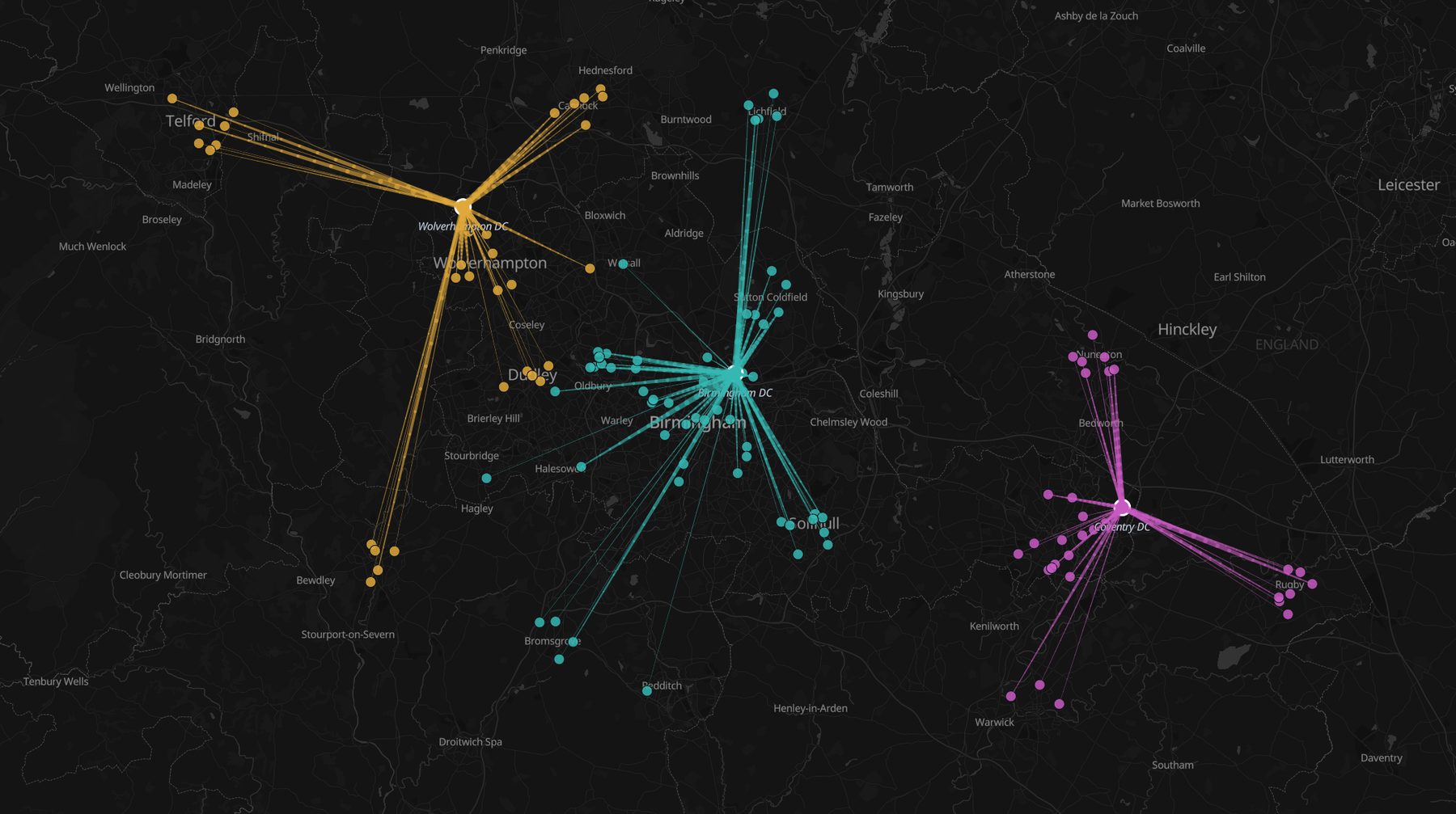 Flow map of depot-to-store volumes with tapered arrowed lines colored by depot