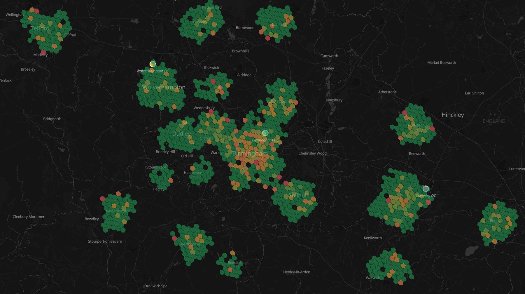 Hexbin map of delivery density colored by late-delivery rate, showing a red hotspot over central Birmingham