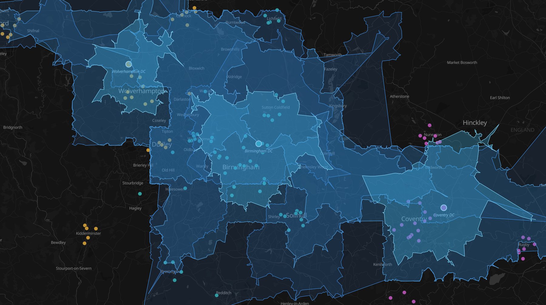 Drive-time coverage areas at 10, 20 and 30 minutes around three distribution centres, with stores colored by their serving depot