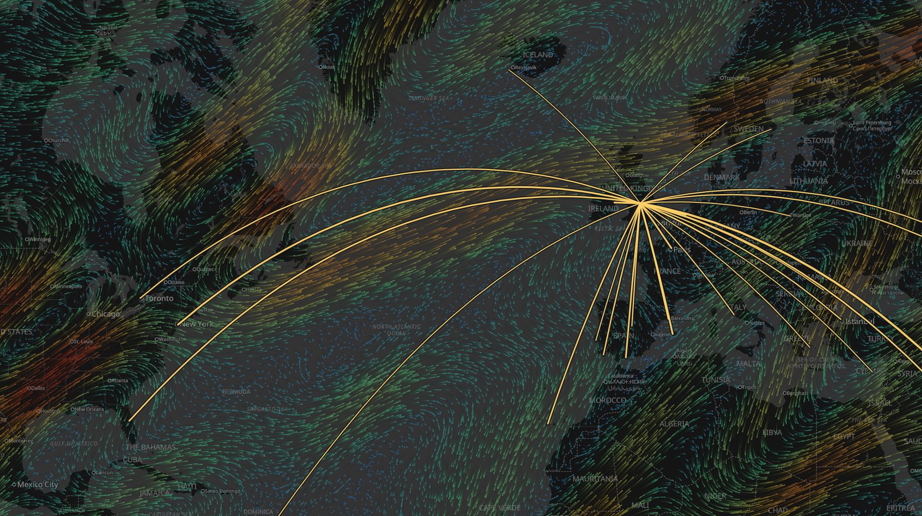 Live animated jet stream wind particles at 250 hPa over the North Atlantic with faint great-circle routes beneath