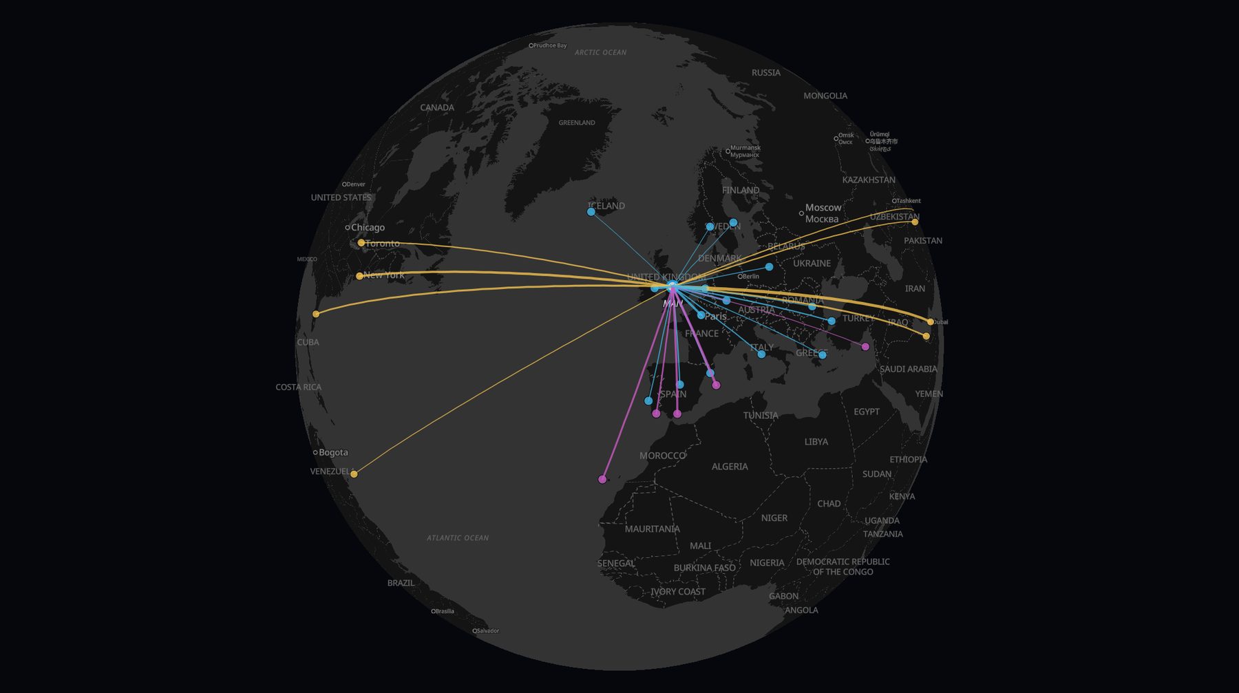Route network from Manchester on a 3D globe with great-circle routes colored by segment and sized by passengers