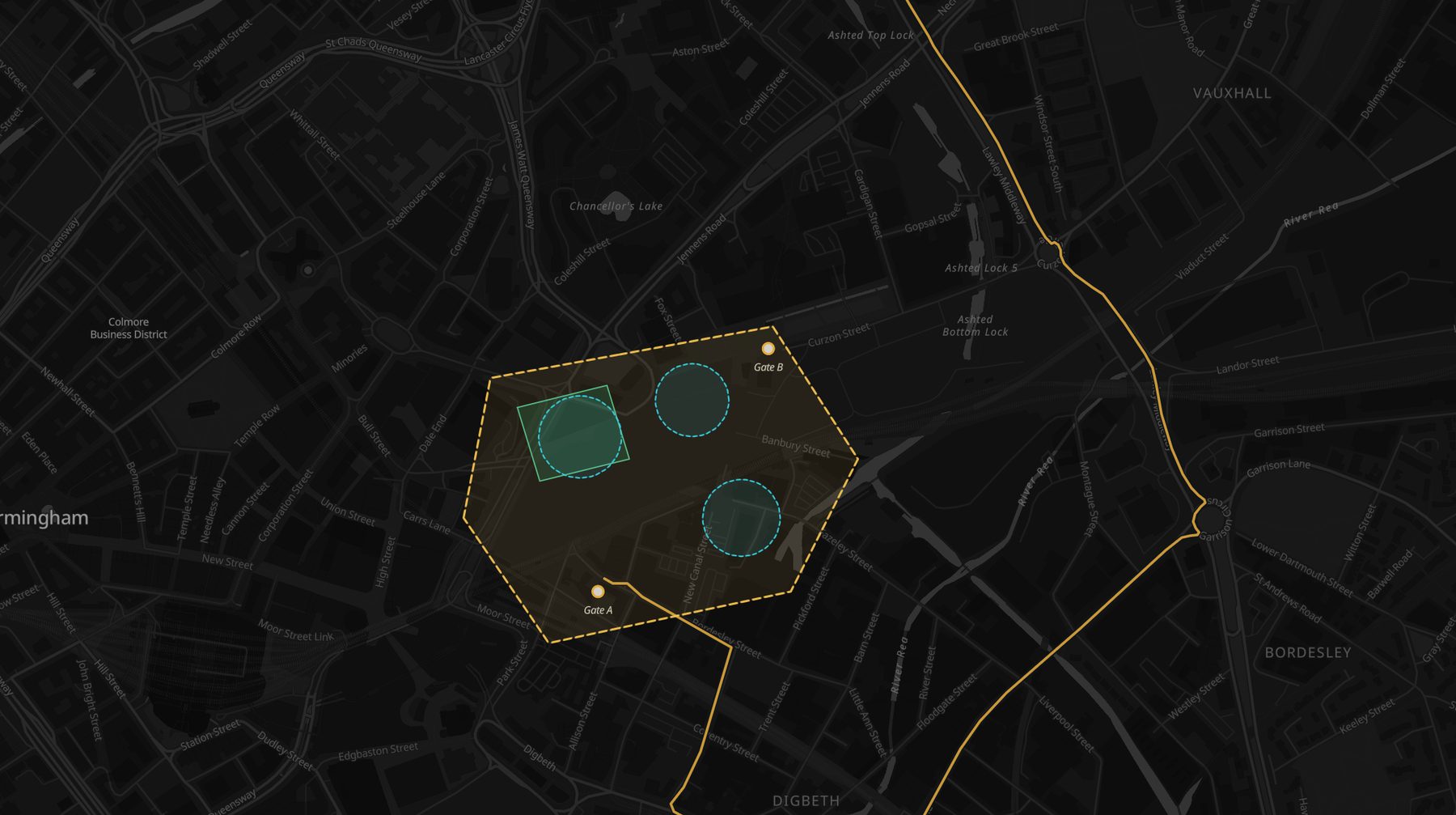 Construction site logistics map with dashed site boundary, crane sweep circles, laydown area and a routed delivery run to the site gate
