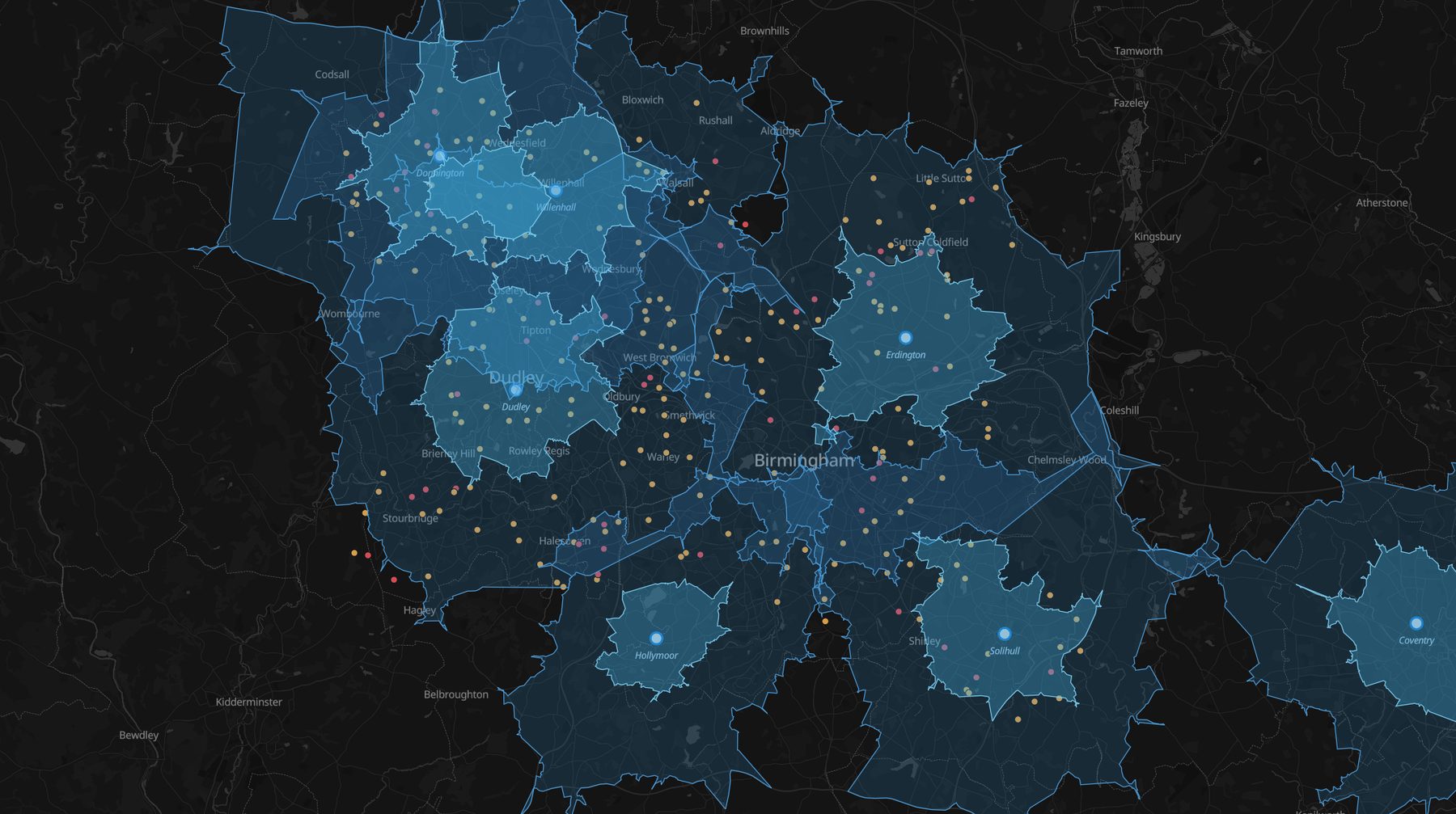 Five and ten minute ambulance response areas around stations with incident dots, showing coverage gaps