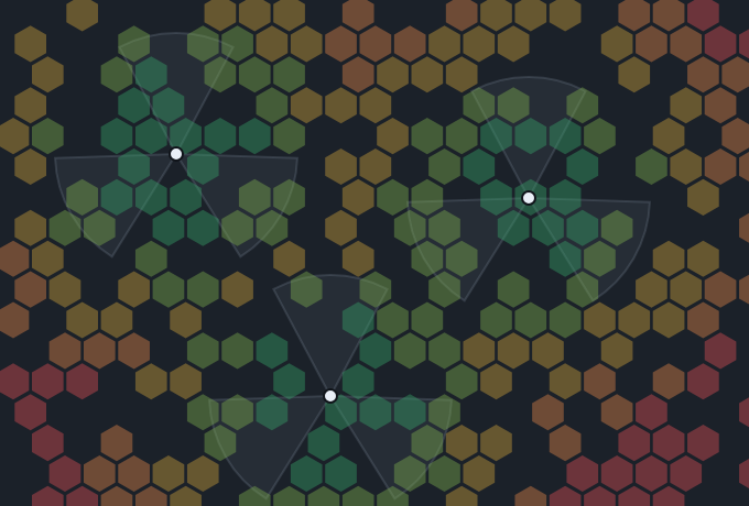 Illustration of drive-test measurement hexbins colored by signal strength over faint sector wedges